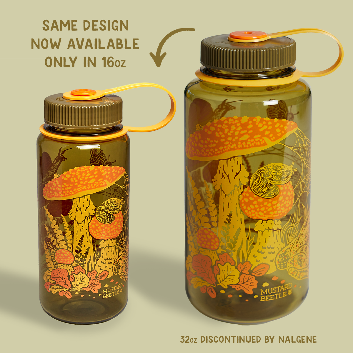 Mustard Beetle - 16oz Toad & Mushrooms, Wide Mouth Nalgene Water Bottle