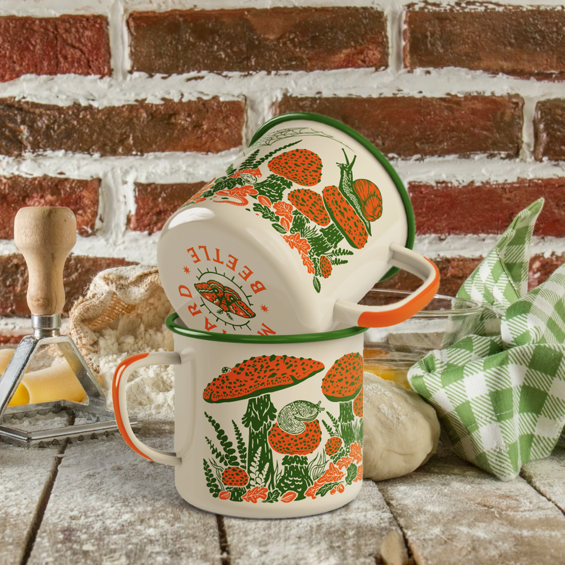 Mustard Beetle - Toad & Mushrooms Enamel Camp Mug: Cream