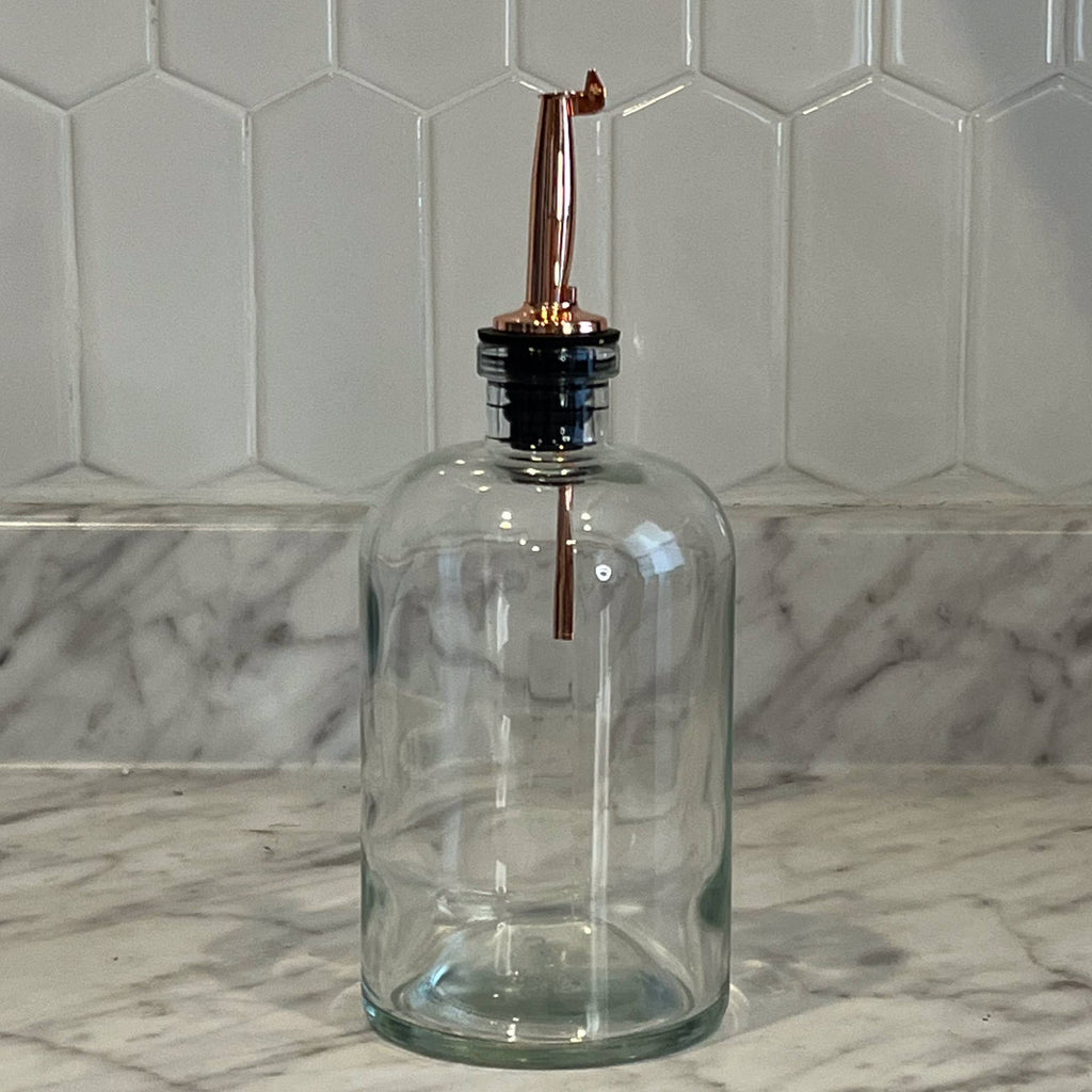 Apothecary Clear Glass Bottle with Weighted Pour Spout: Gold Rubber