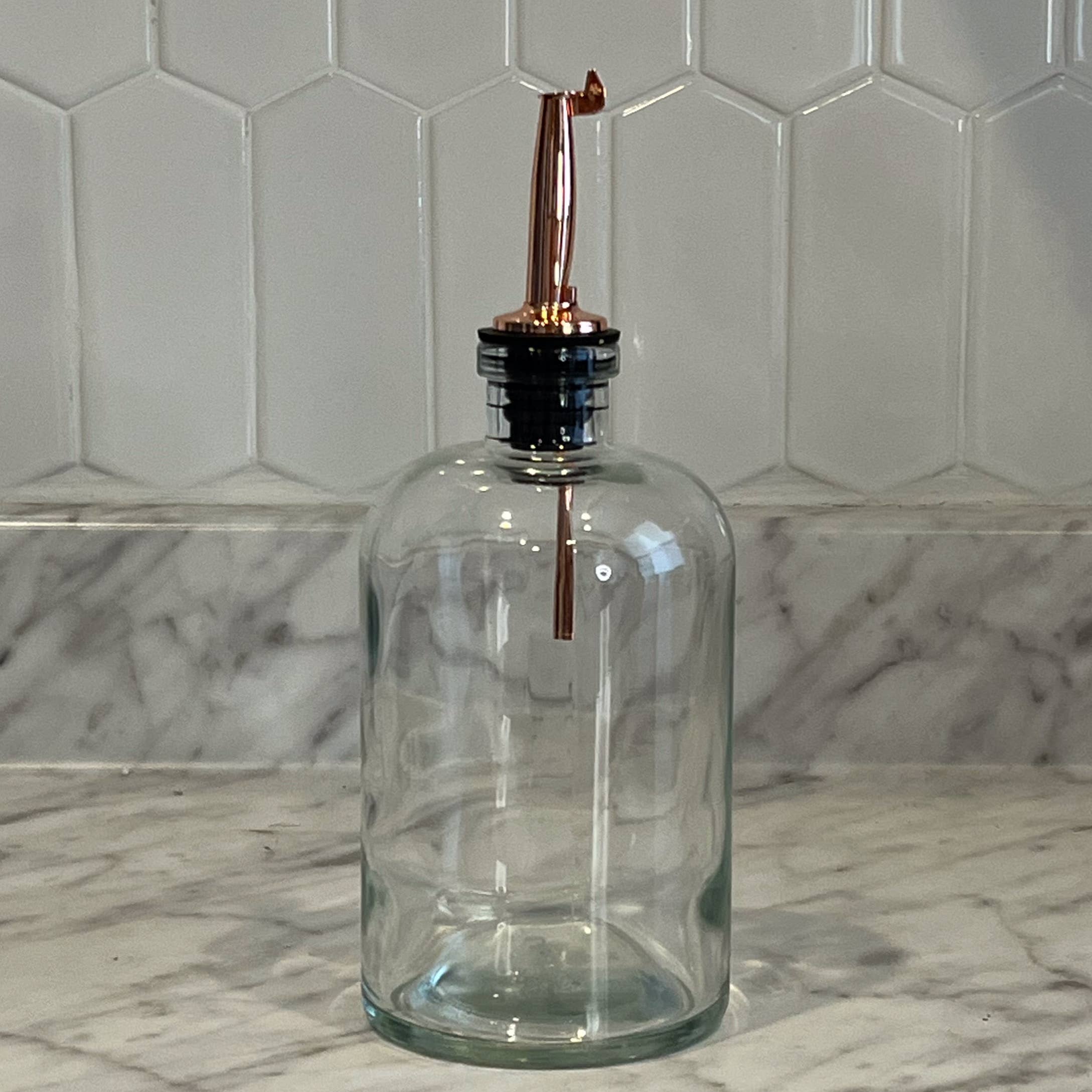 Apothecary Clear Glass Bottle with Weighted Pour Spout: Gold Rubber