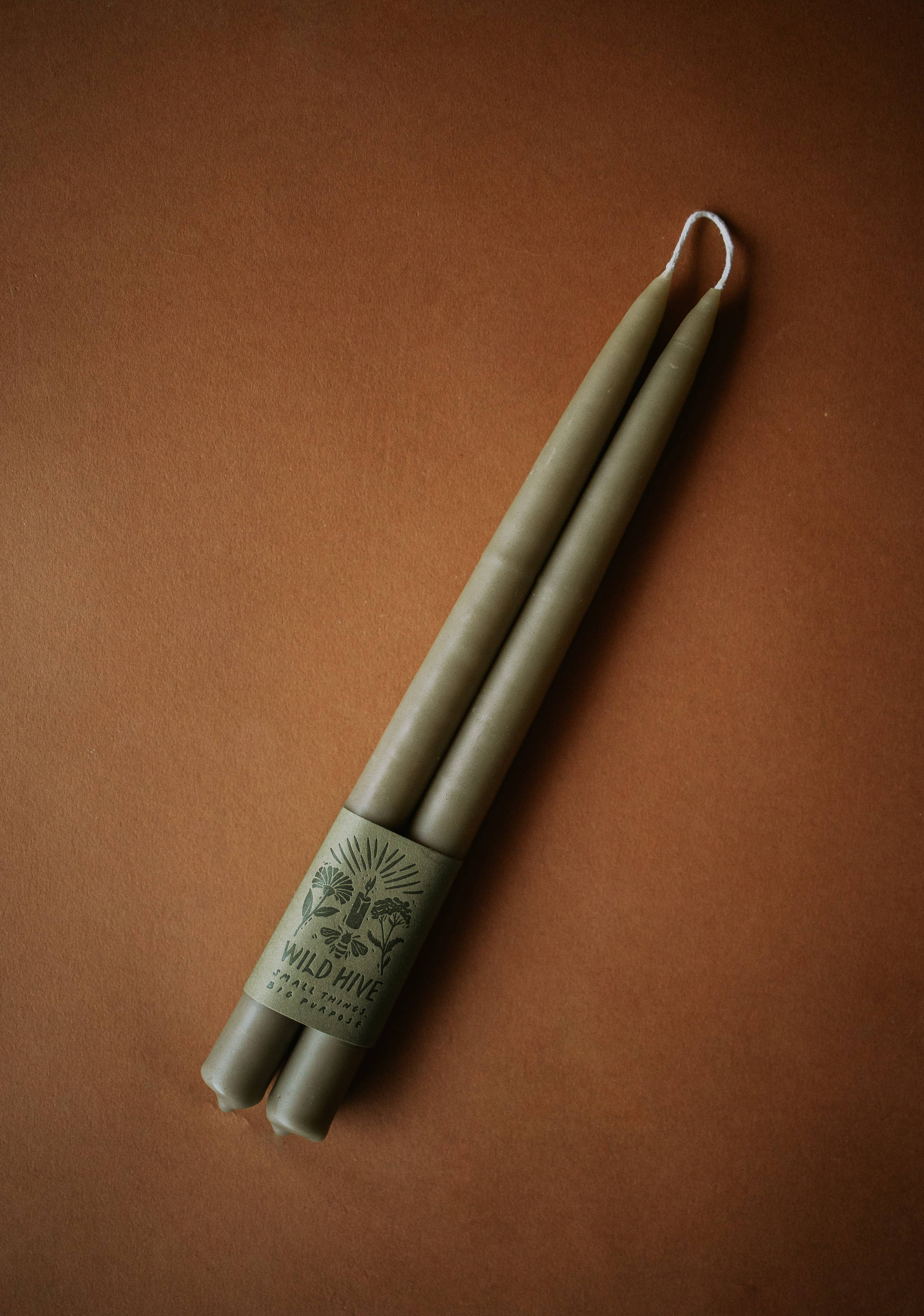 Wild Hive Apiary - 10” Moss Green Beeswax Hand-Dipped Taper Candles (Pair)