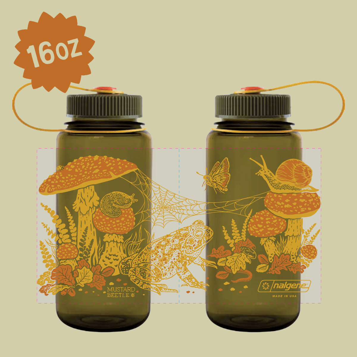 Mustard Beetle - 16oz Toad & Mushrooms, Wide Mouth Nalgene Water Bottle